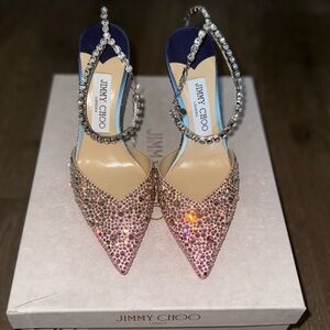 Jimmy Choo Saeda 100 Satin Sunrise Mix Crystal Embellished Pumps| Size 36 | NEW